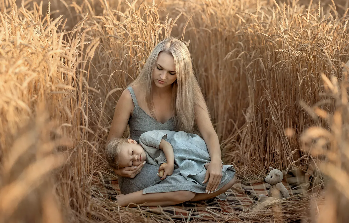 Photo wallpaper field, nature, woman, toy, sleep, bear, girl, ears