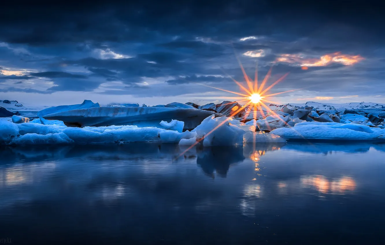 Photo wallpaper ice, winter, sea, the sky, water, the sun, clouds, rays
