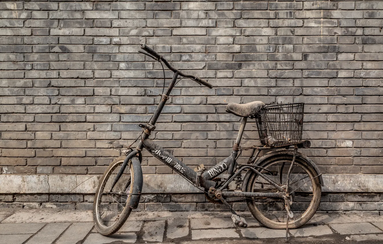 Photo wallpaper bike, wall, dirt, bricks
