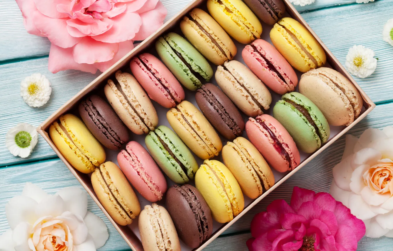 Photo wallpaper flowers, gift, colorful, wood, pink, flowers, macarons, gift box