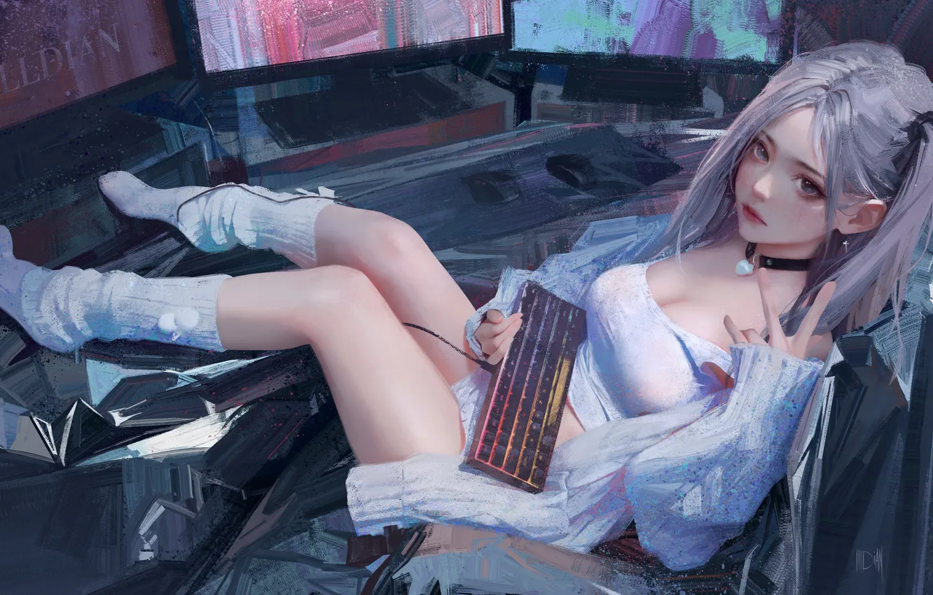 Photo wallpaper cleavage, women, painting, digital art, artwork, lying down, looking at viewer, Asian