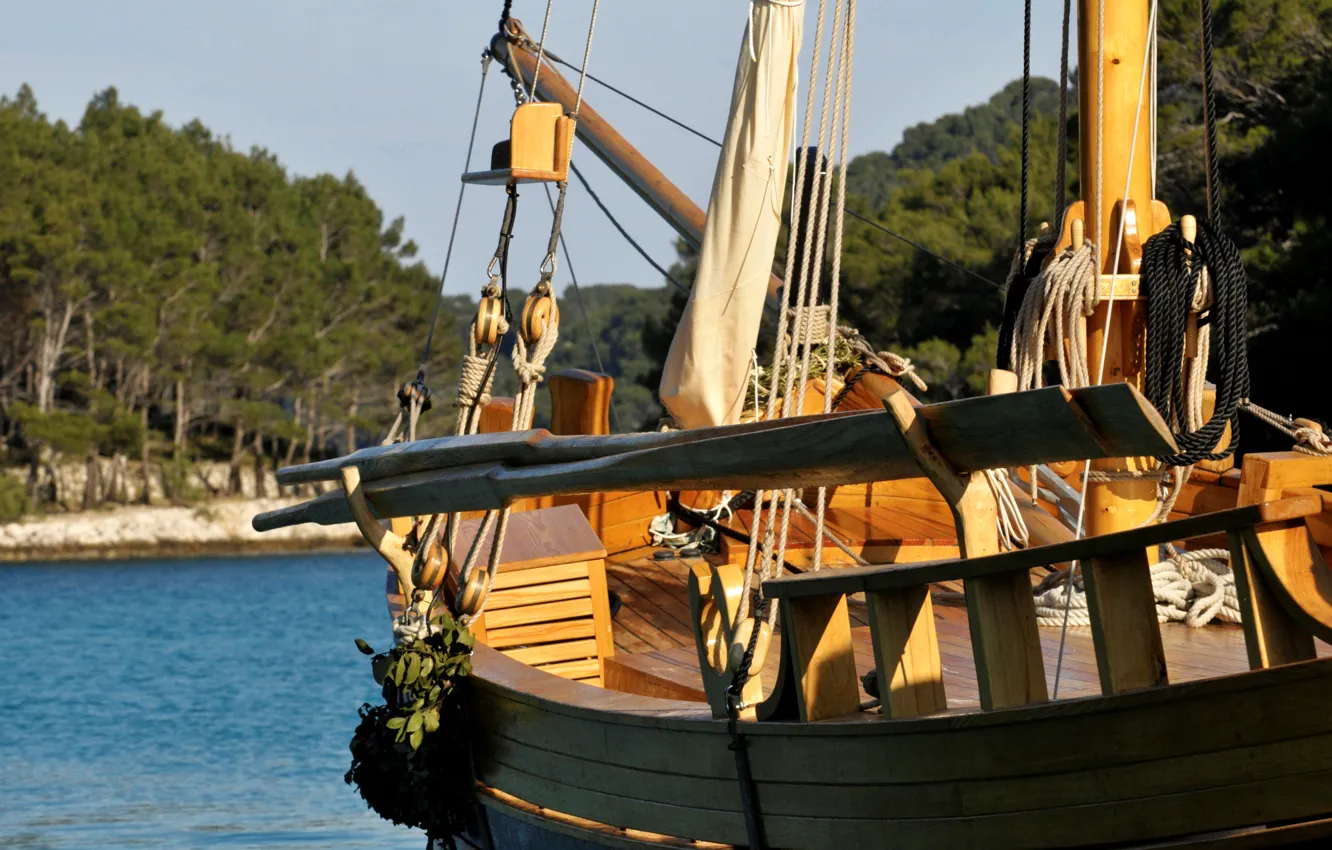 Photo wallpaper boat, sail, wooden, rigging, paddles, deck, sailboat, traditional
