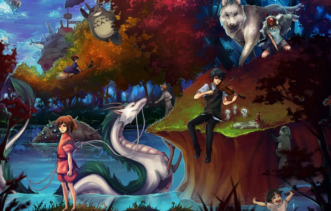 Photo wallpaper girls, anime, art, guy, Princess Mononoke, my neighbor Totoro, totoro, spirited away