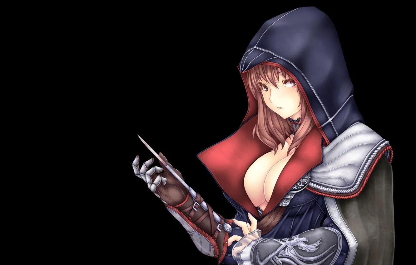 Photo wallpaper girl, the dark background, knife, hood, assassin's creed