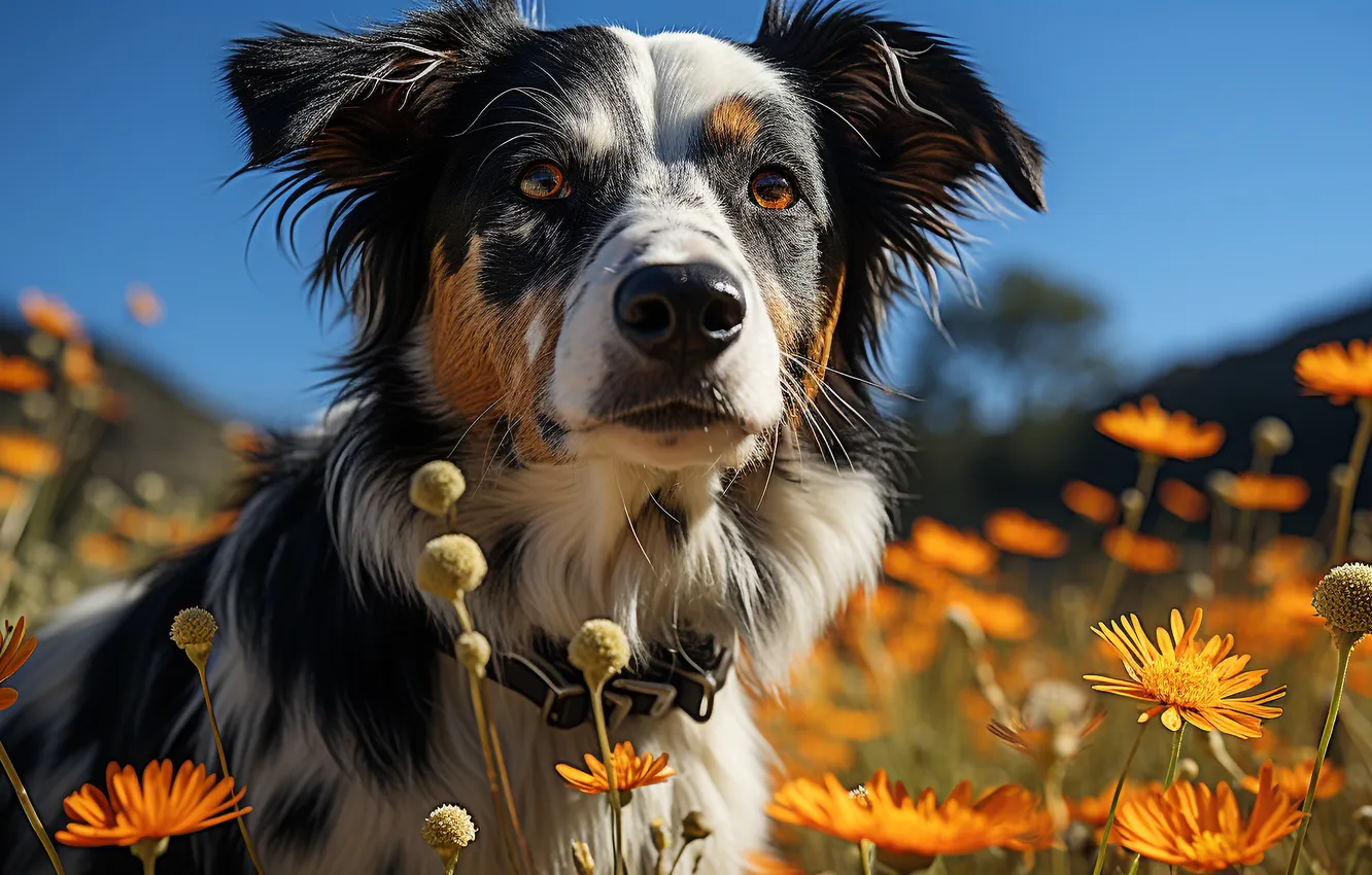 Photo wallpaper Flowers, Dog, Look, Face, Australian shepherd, Digital art, AI art, The Art of Artificial Intelligence