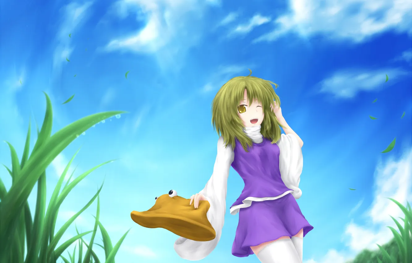 Photo wallpaper the sky, grass, girl, clouds, drops, joy, hat, art