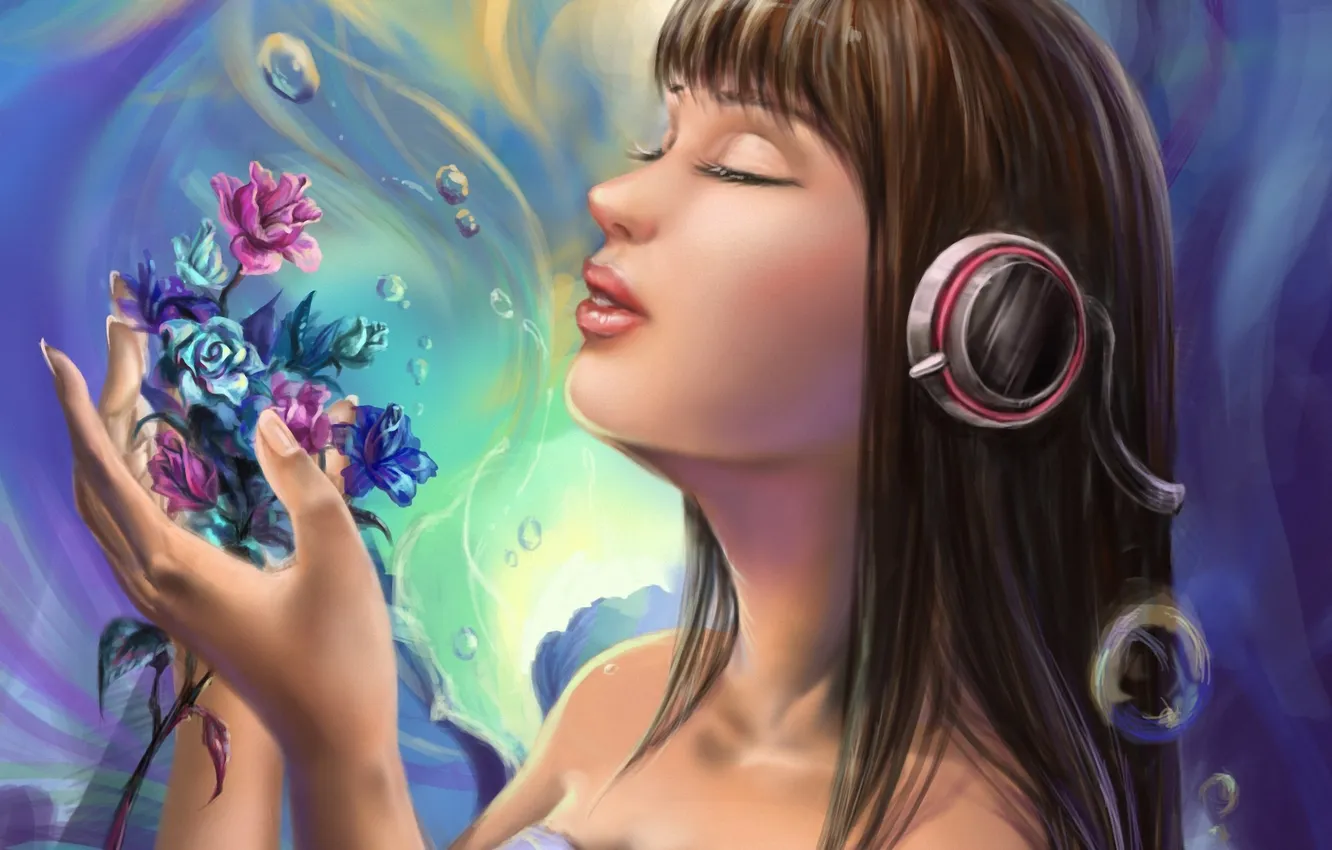 Photo wallpaper girl, flowers, headphones, profile