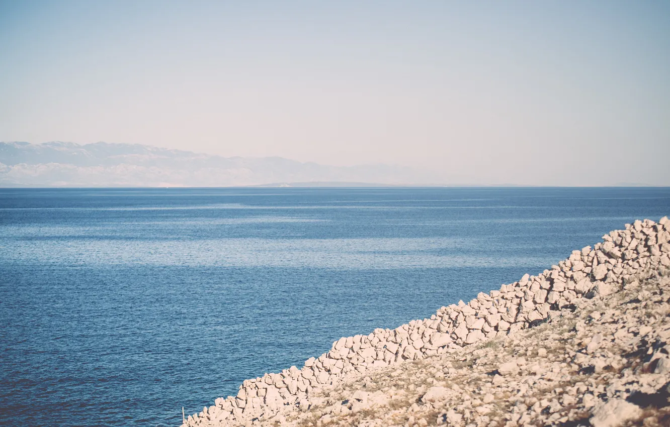 Photo wallpaper sea, water, mountains, stones, horizon