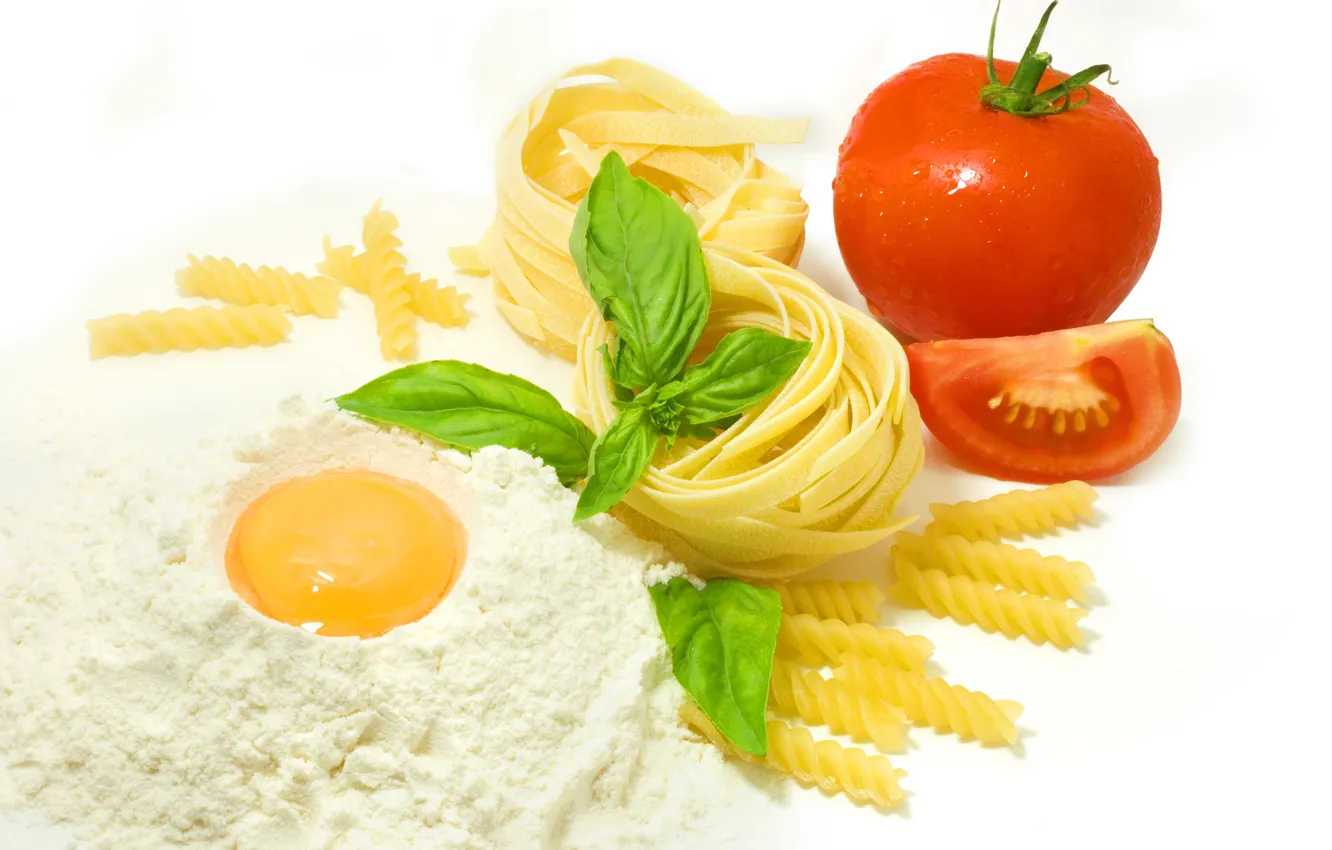 Photo wallpaper eggs, tomatoes, flour, pasta, pasta
