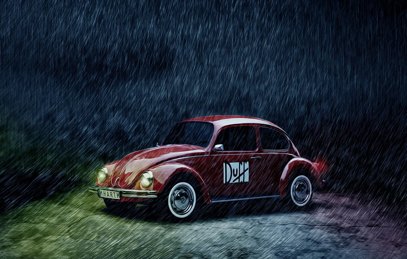 Photo wallpaper car, rain, beetle, Volkswagen, red, vintage, Beetle, Duff