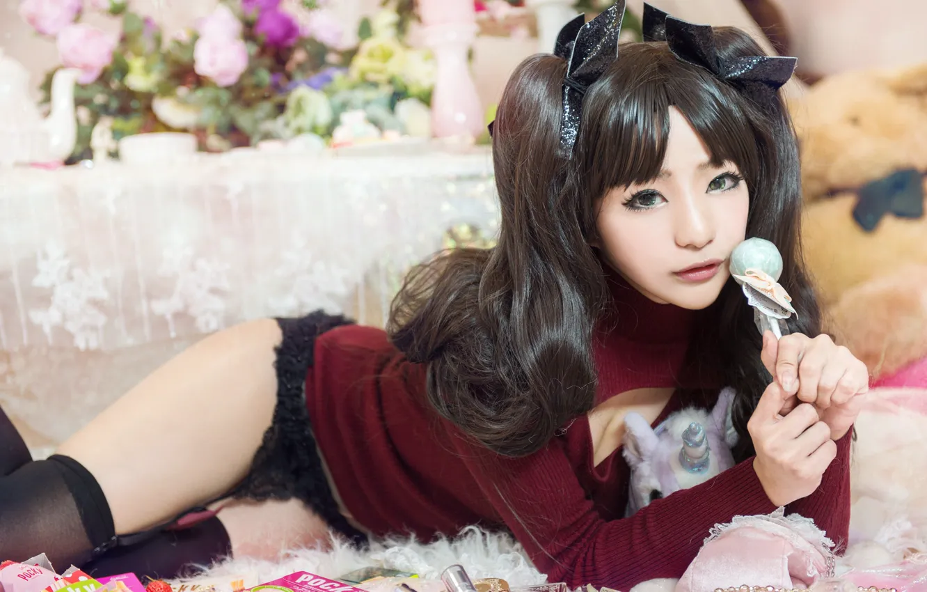 Photo wallpaper look, girl, flowers, pose, background, feet, stockings, brunette