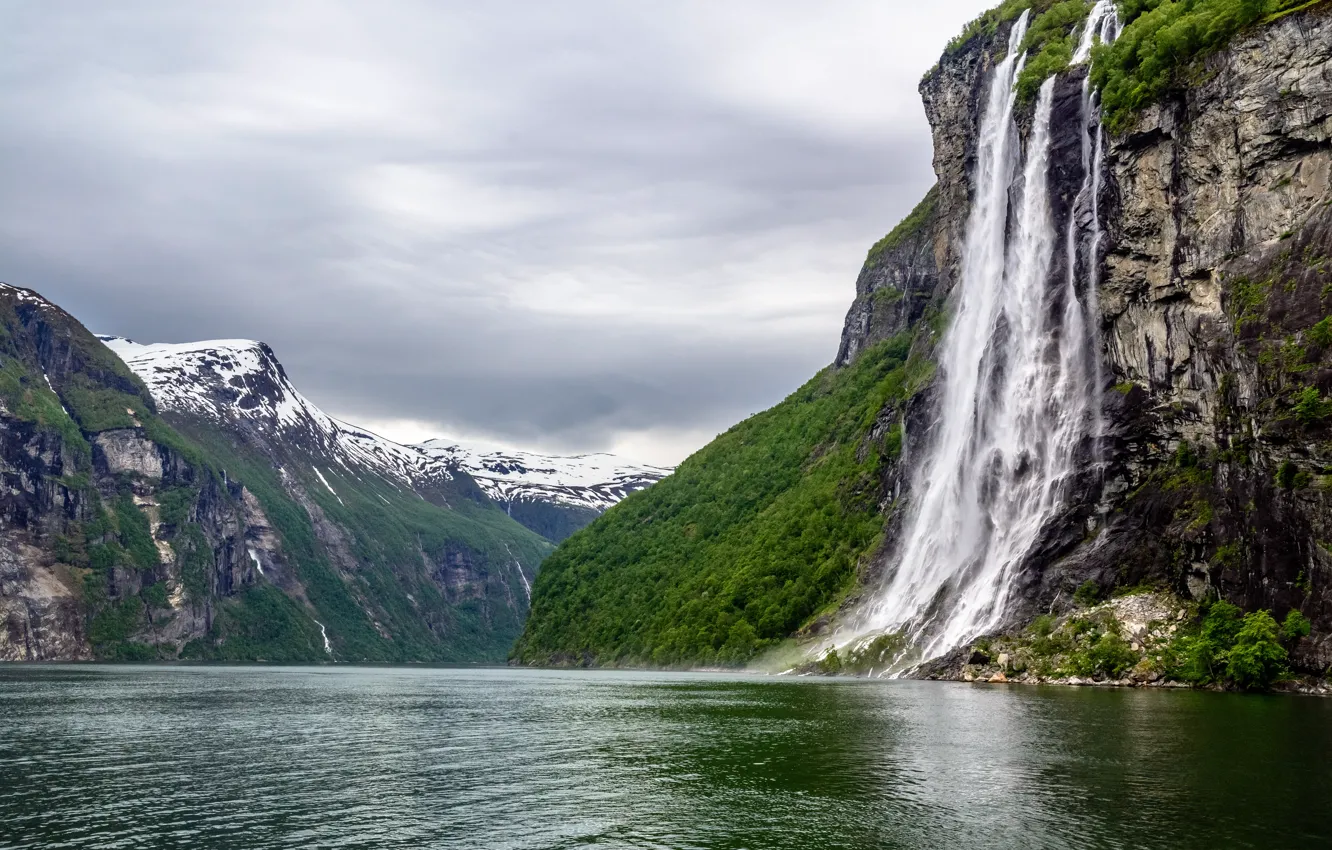 Photo wallpaper Nature, Mountains, Waterfall, Norway, Landscape, Ålesund, Geirangerfjord, The fjord