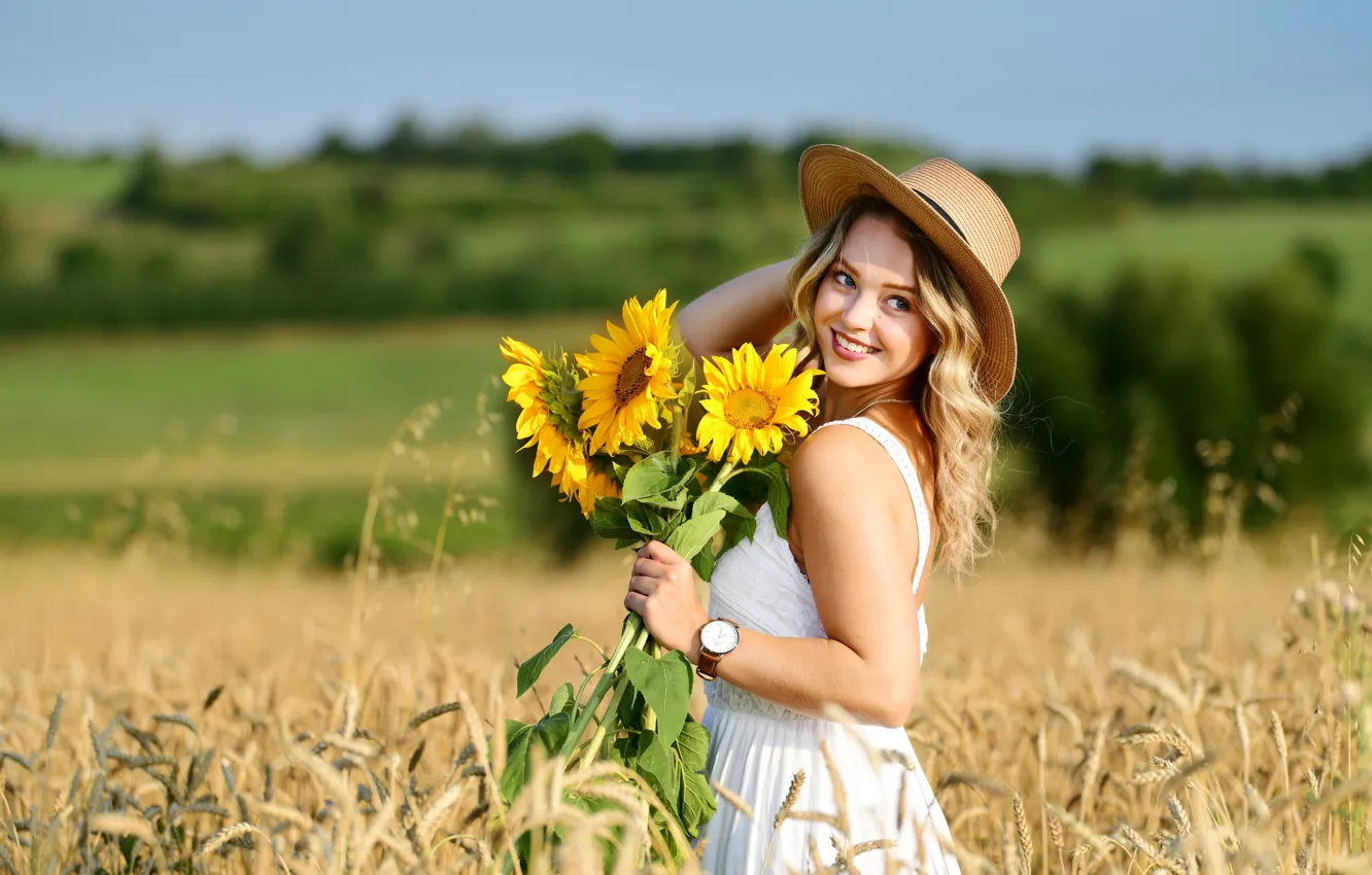 Photo wallpaper girl, flower, dress, trees, field, landscape, smile, sunny day