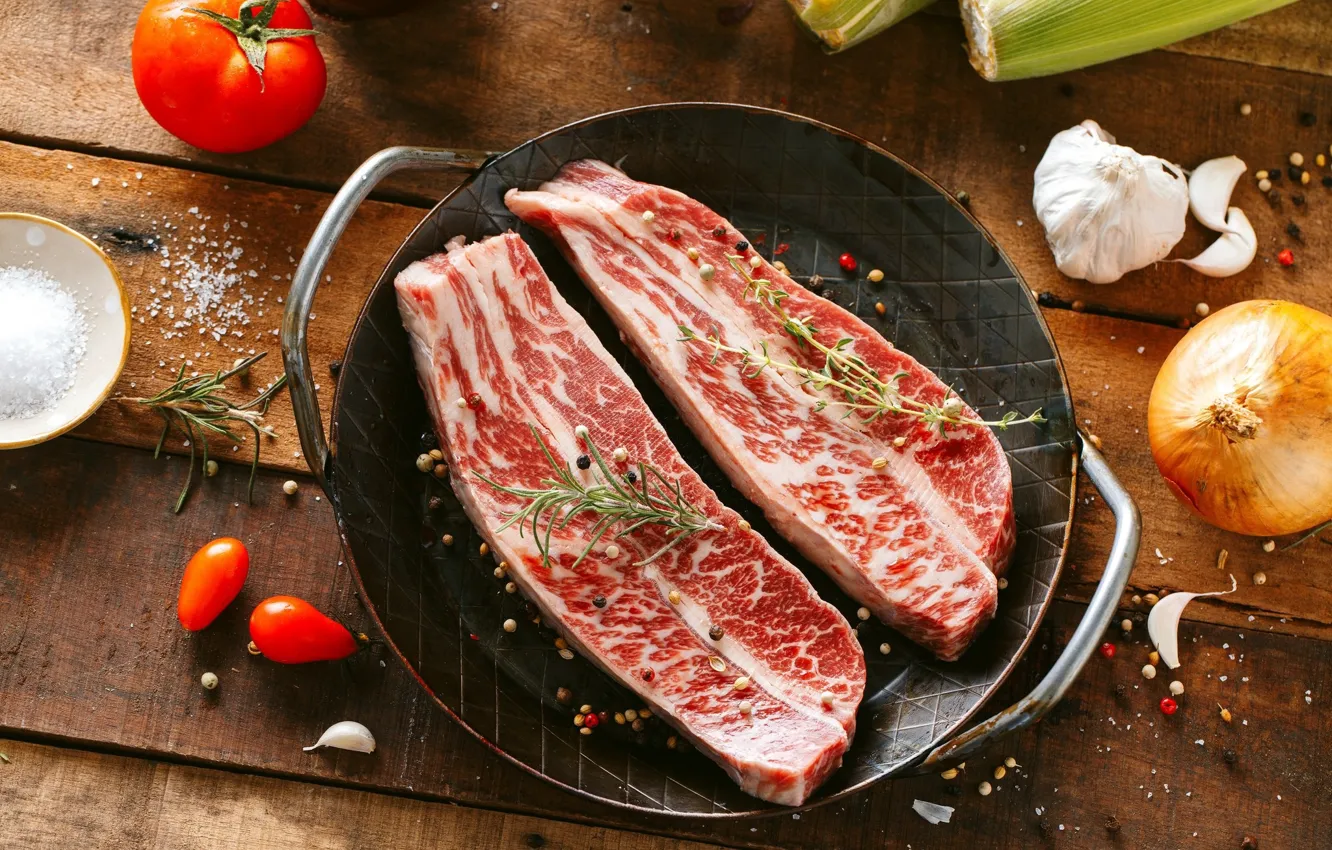 Photo wallpaper tomatoes, salt, spices, meat, garlic, bow