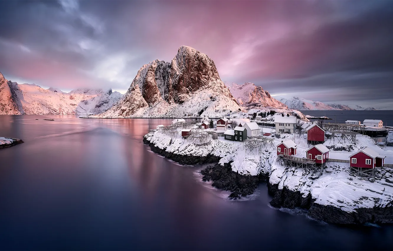 Photo wallpaper winter, the sky, snow, mountains, Norway, town, settlement, the fjord