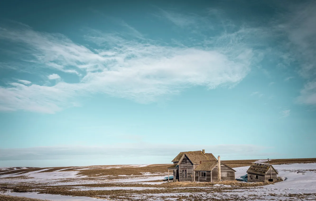 Photo wallpaper field, the sky, snow, house