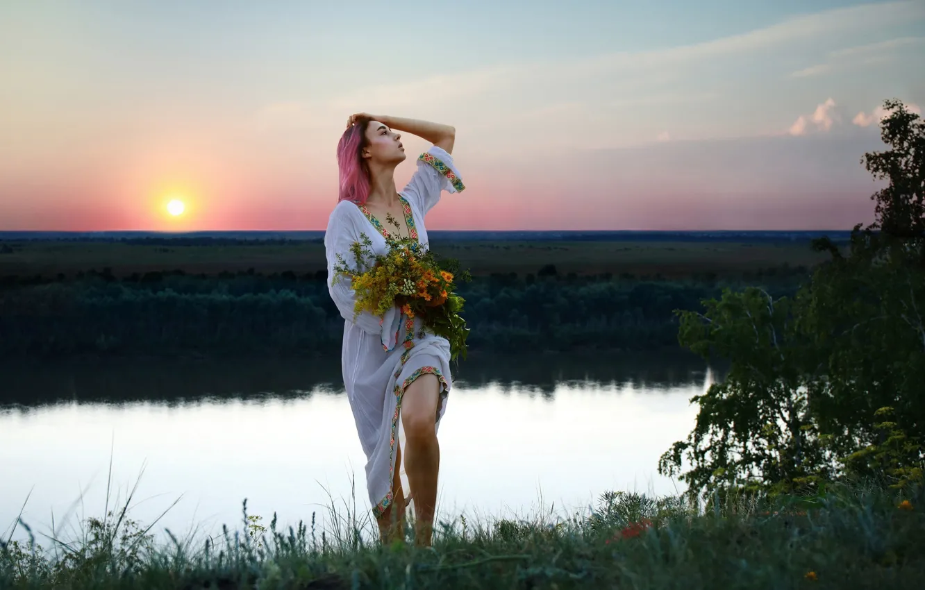Photo wallpaper BODY, LOOK, NATURE, HORIZON, The SKY, GREENS, POND, SUNSET