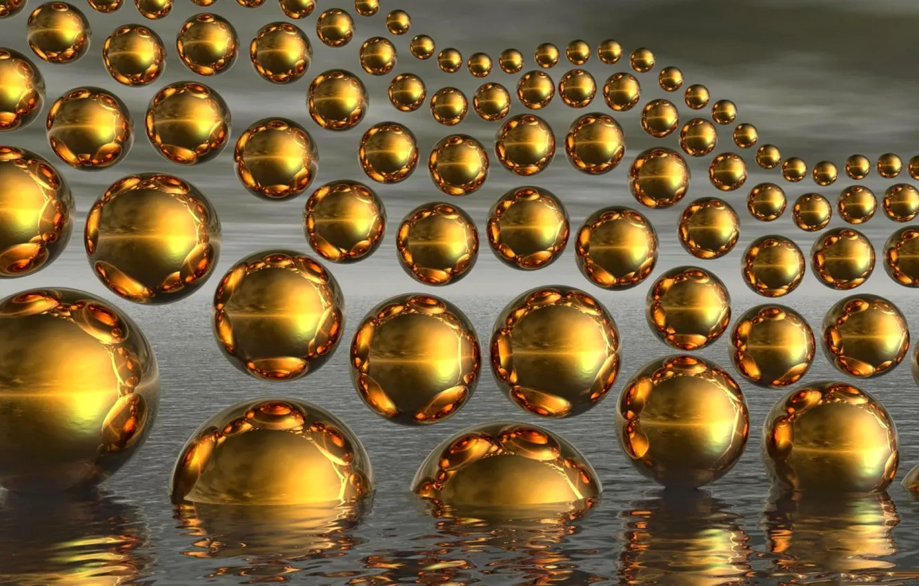 Photo wallpaper wave, water, reflection, background, balls, gold