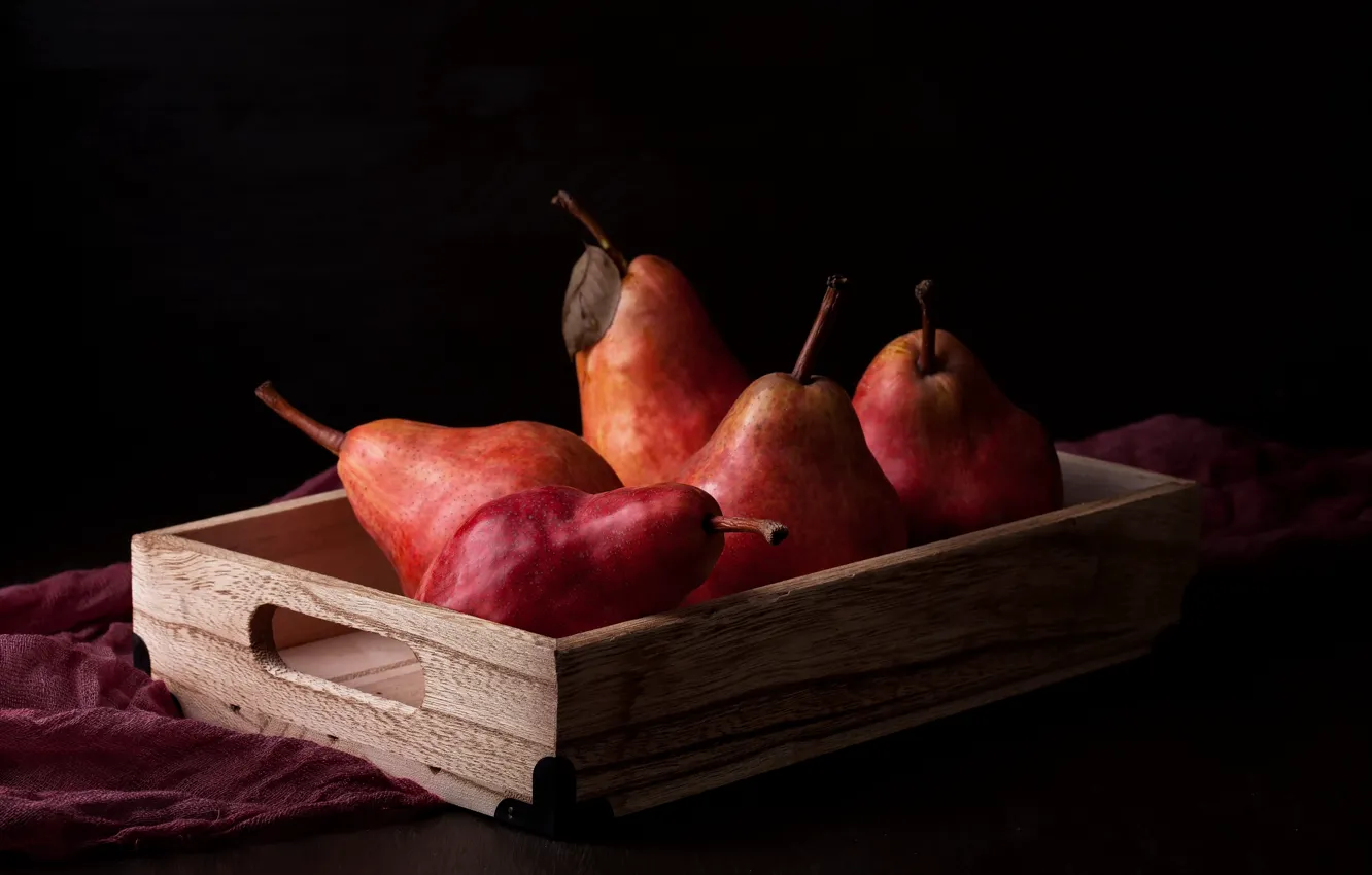 Photo wallpaper table, still life, box, pear, wood, ripe