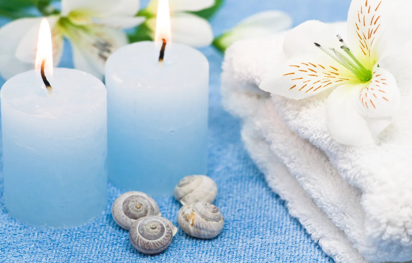 Photo wallpaper flowers, flame, tenderness, towel, candles, Spa