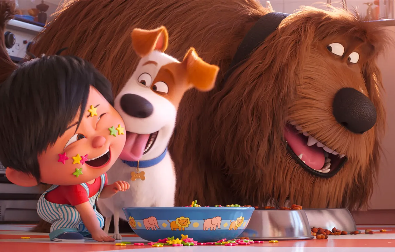 Photo wallpaper dogs, girl, cereal, bowls, The secret life of Pets 2, The Secret Life of Pets …