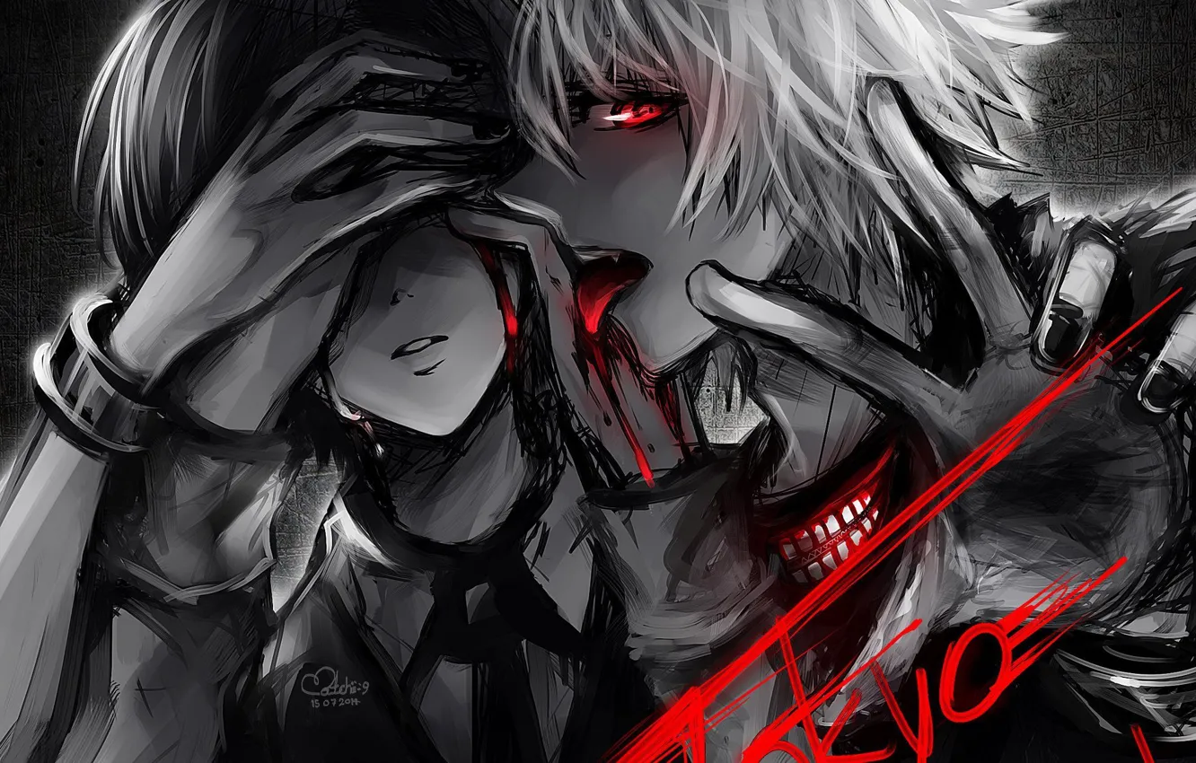 Photo wallpaper blood, black and white, the girl and the guy, Tokyo Ghoul, Tokyo ghoul, Ken kanek, …