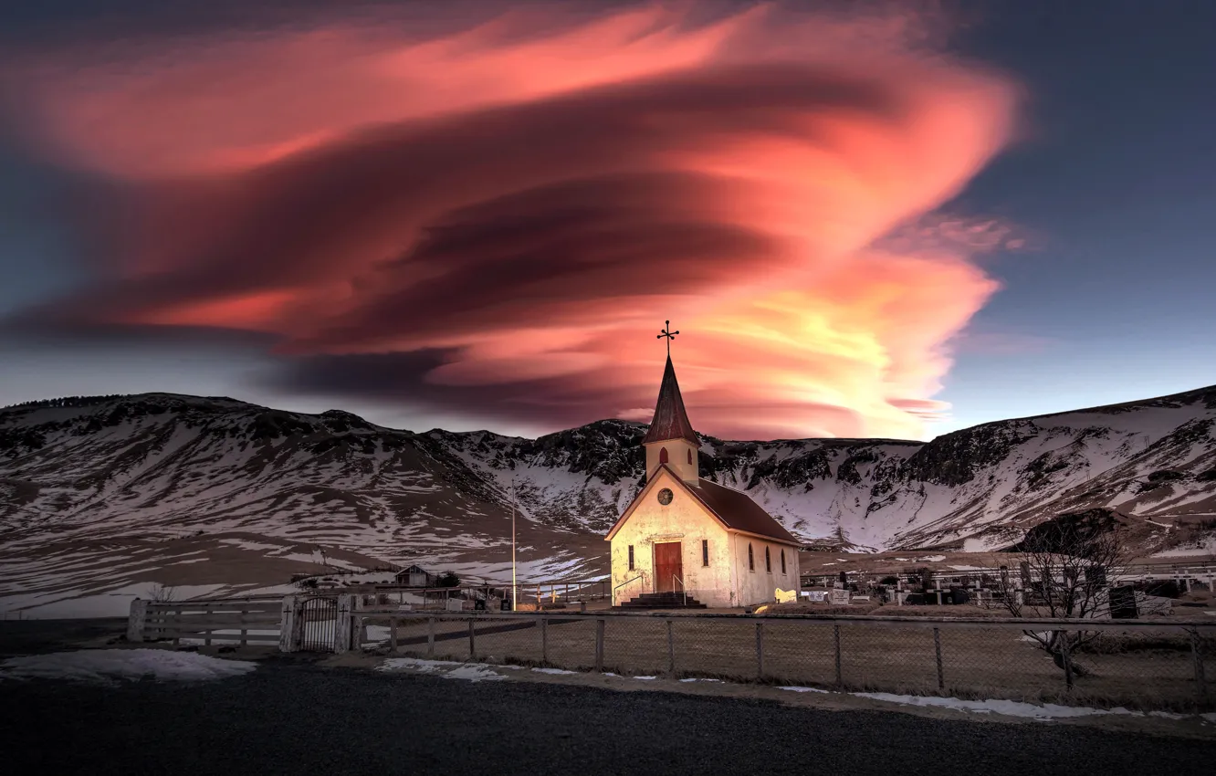 Photo wallpaper clouds, mountains, Church