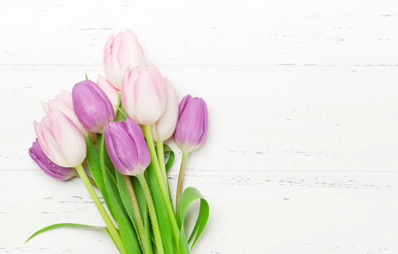 Photo wallpaper flowers, bouquet, tulips, wood, pink, flowers, background, tulips
