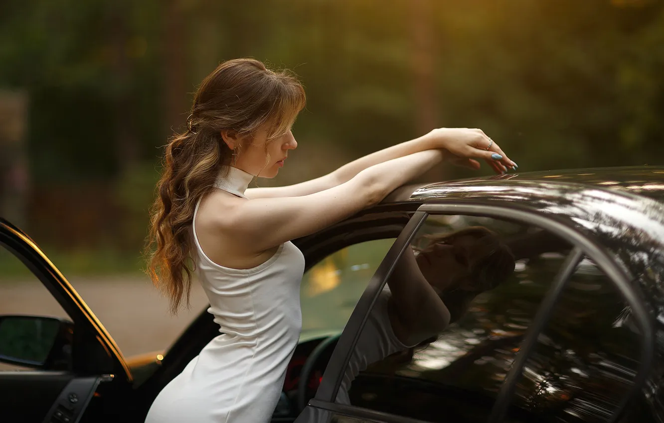 Photo wallpaper girl, model, black cars, brunette, white dress, blue nails, Vladimir Lapshin, Women Outdoors