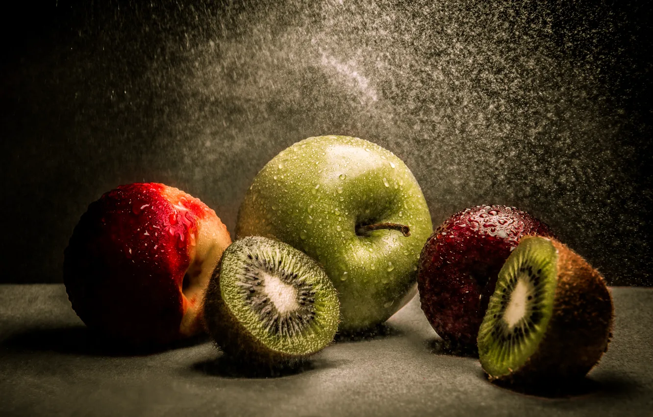 Photo wallpaper water, drops, apples, kiwi, fruit, still life, peaches