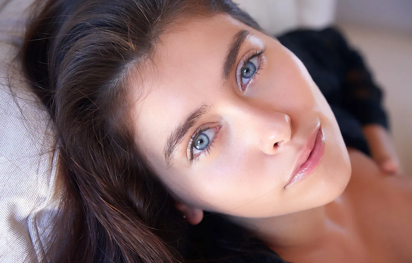 Photo wallpaper girl, photo, blue eyes, model, face, brunette, portrait, closeup