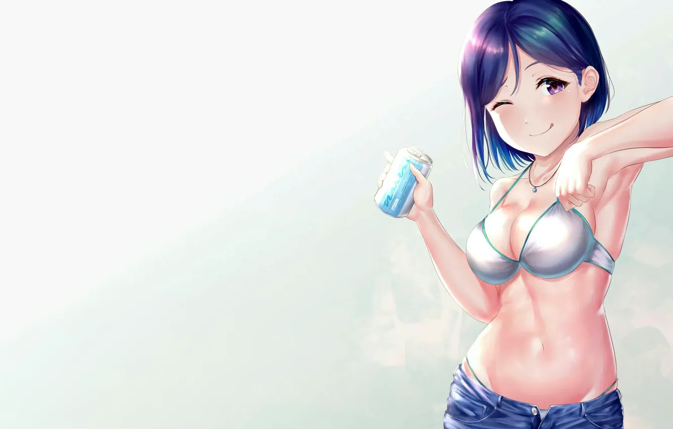 Photo wallpaper girl, sexy, cleavage, shorts, boobs, anime, beautiful, short hair