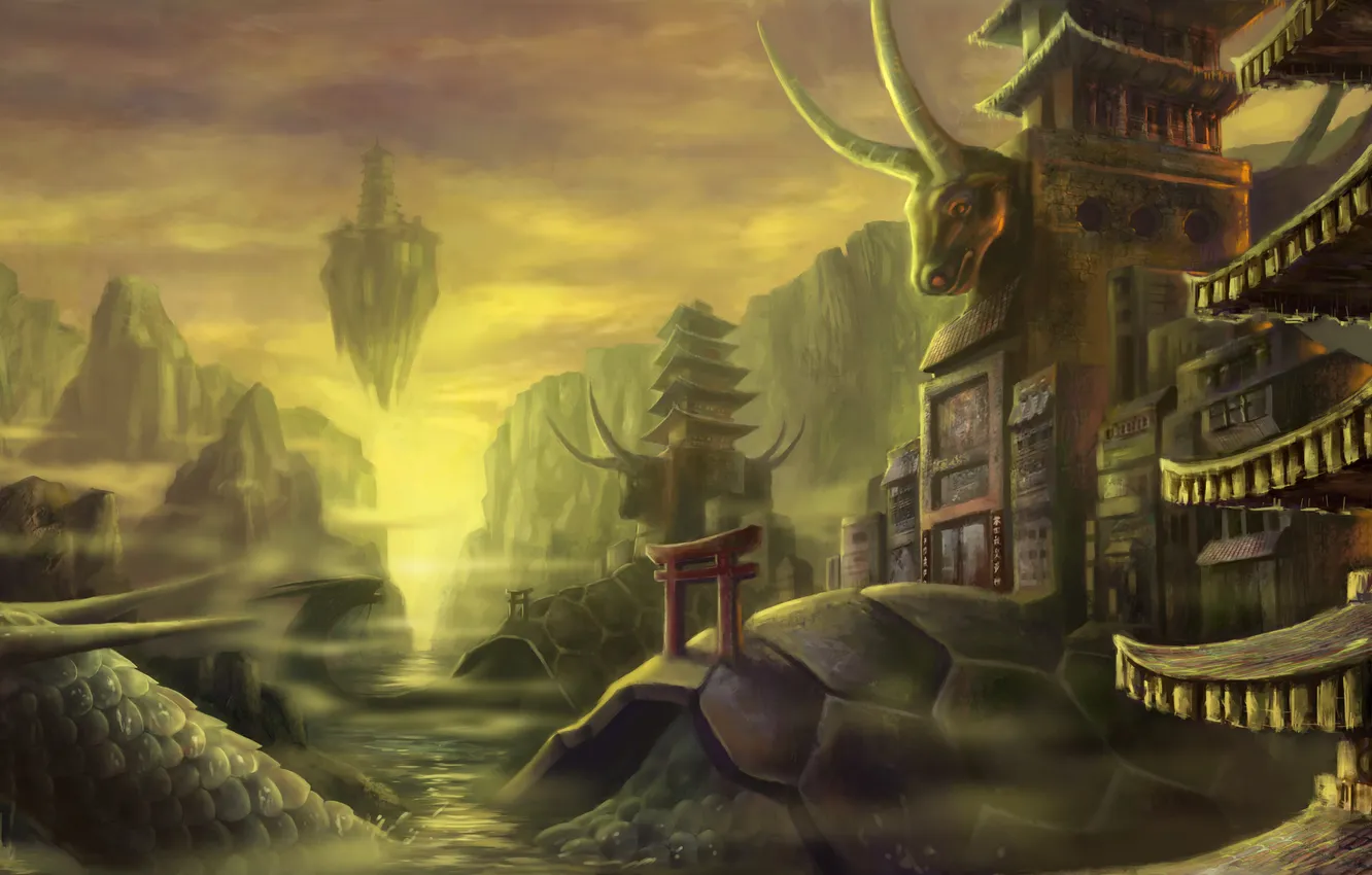 Photo wallpaper water, the city, fog, river, rocks, Asia, building, turtle