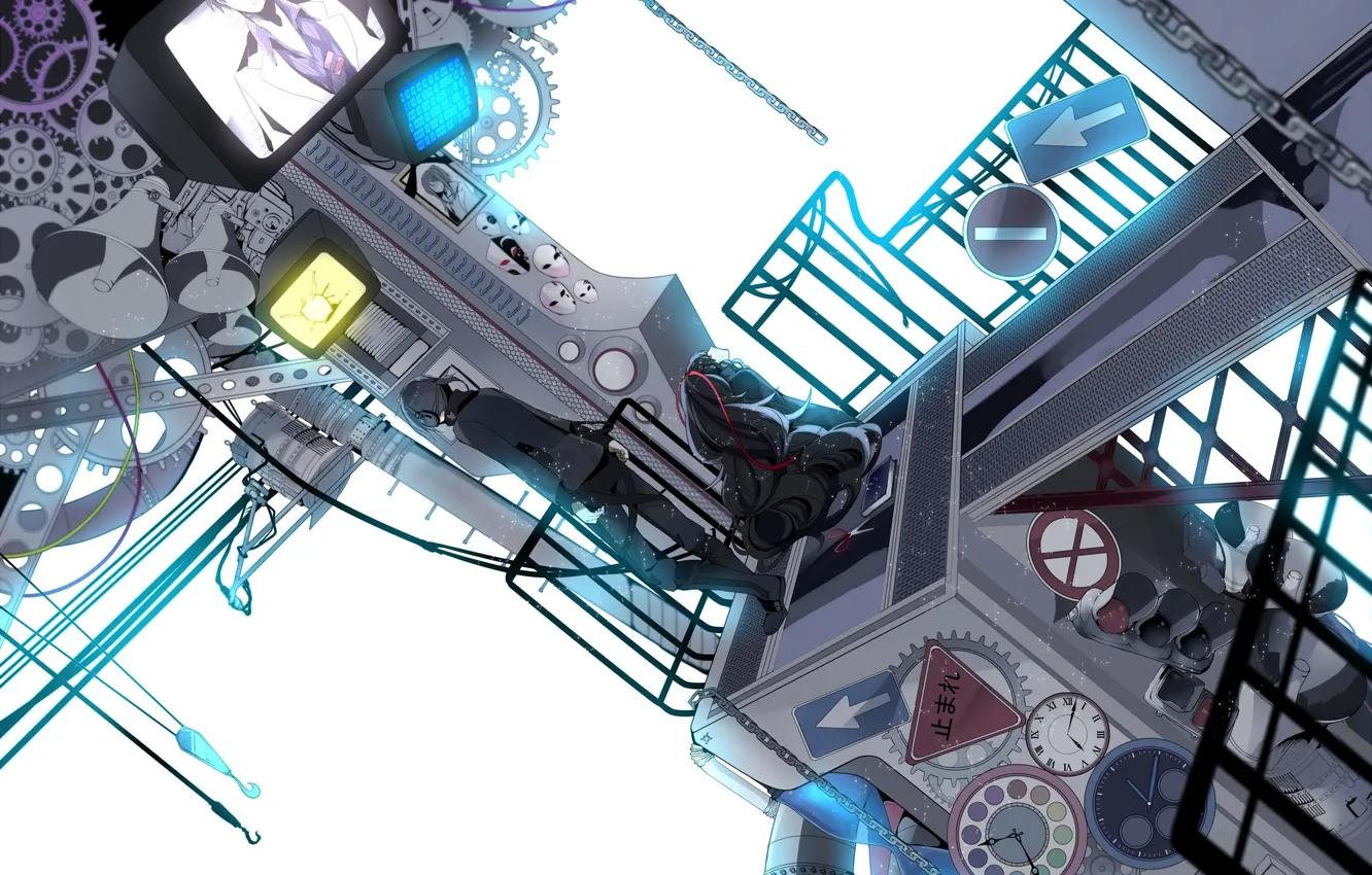 Photo wallpaper girl, mechanism, anime, headphones, TV, mask, art, guy