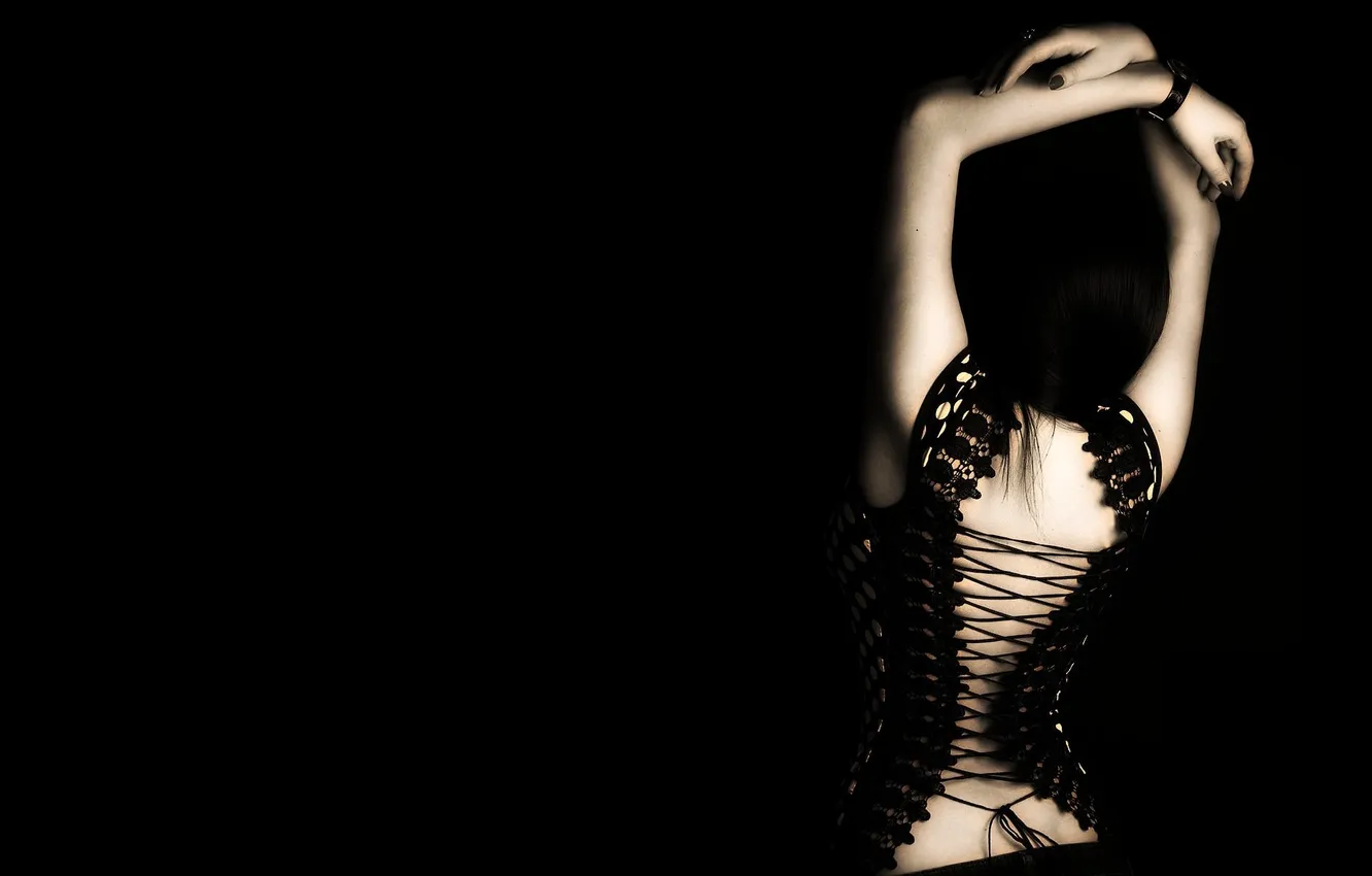Photo wallpaper background, black, back, hands, brunette, corset, lacing