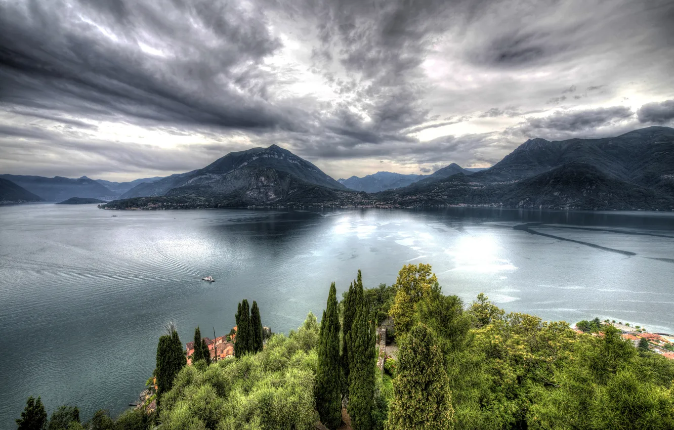 Photo wallpaper clouds, mountains, lake, HDR, Italy, The castle of Vezio