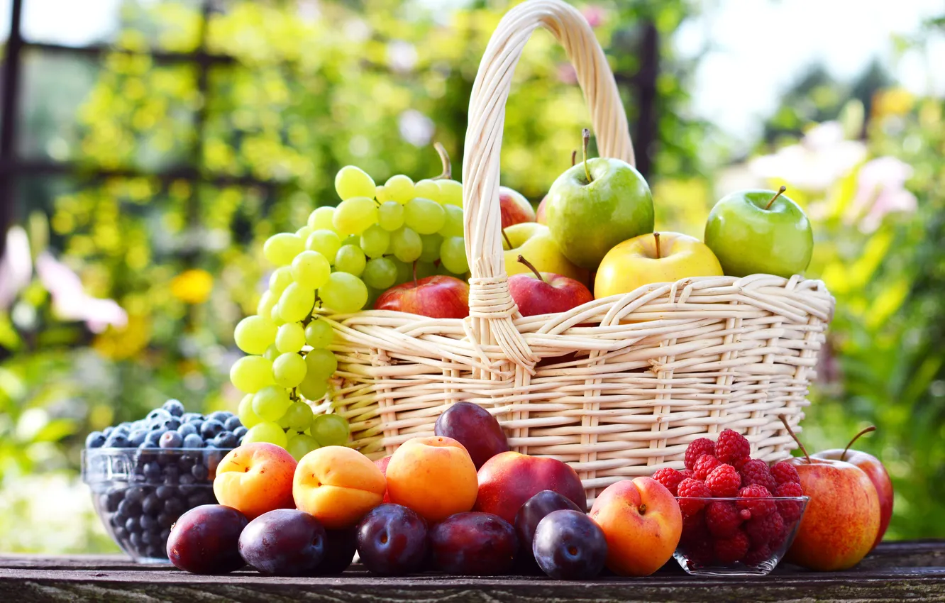 Photo wallpaper berries, raspberry, basket, apples, grapes, fruit, plum, apricots