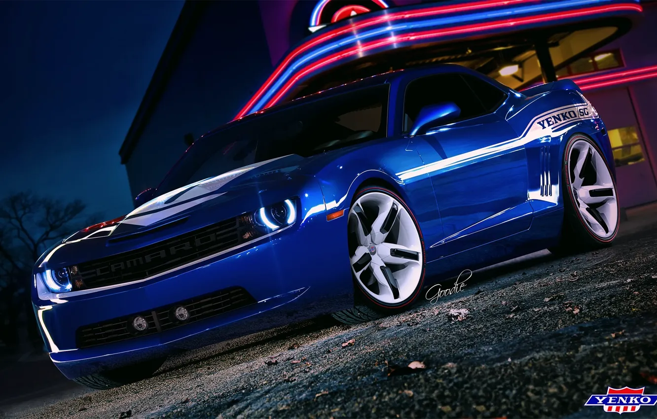 Photo wallpaper blue, Chevrolet, Camaro, Chevrolet, muscle car, Blik, Blue, muscle car