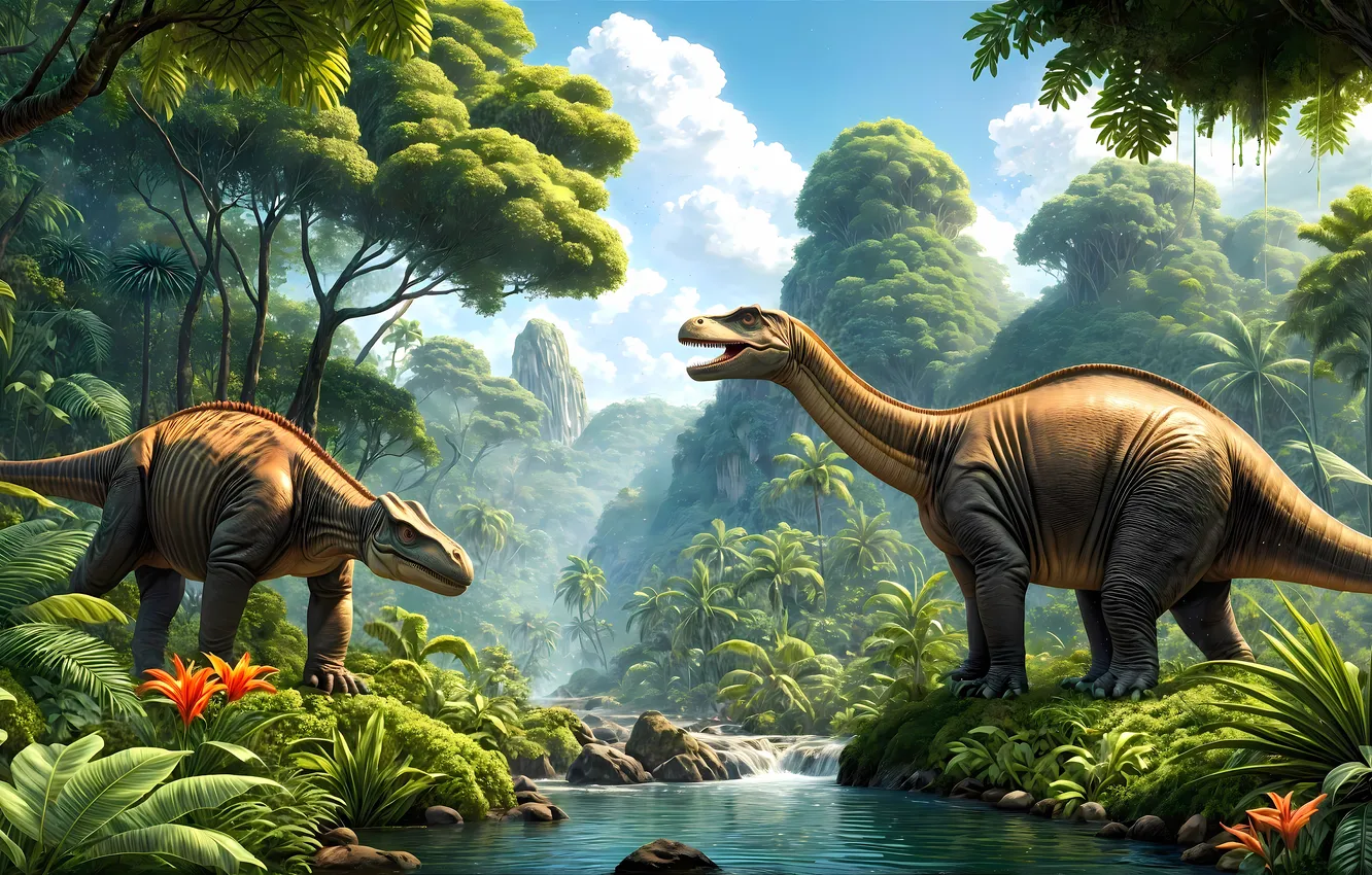 Photo wallpaper trees, animal, dinosaur, river, two, herbivores, digital art, Ancient animals