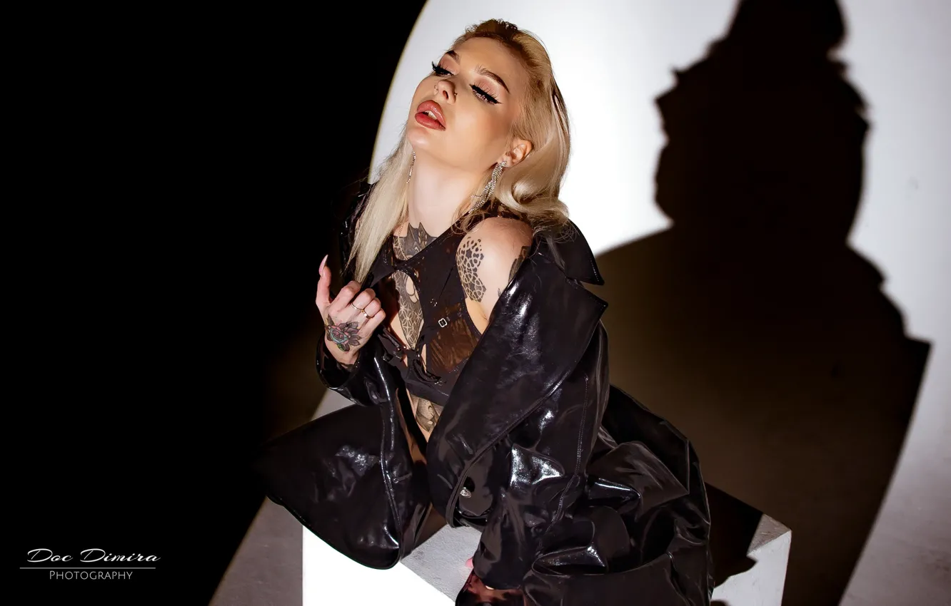 Photo wallpaper girl, pose, background, tattoo, blonde, cloak, Daria Alekseevna, Doc Dimira