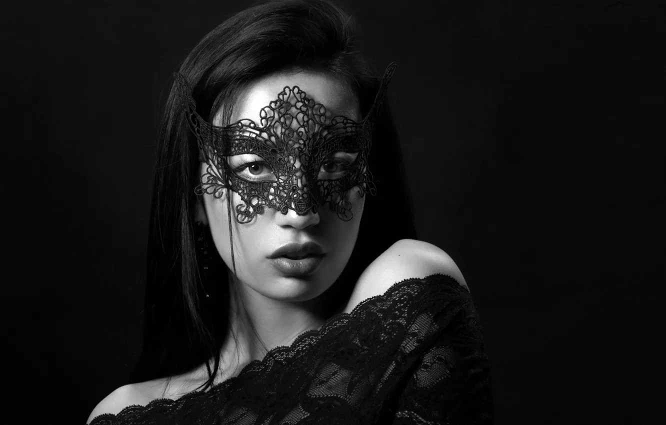 Photo wallpaper look, pose, model, portrait, makeup, brunette, mask, hairstyle