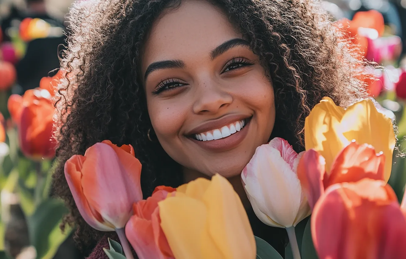 Photo wallpaper girl, flowers, smile, portrait, bouquet, spring, tulips, black