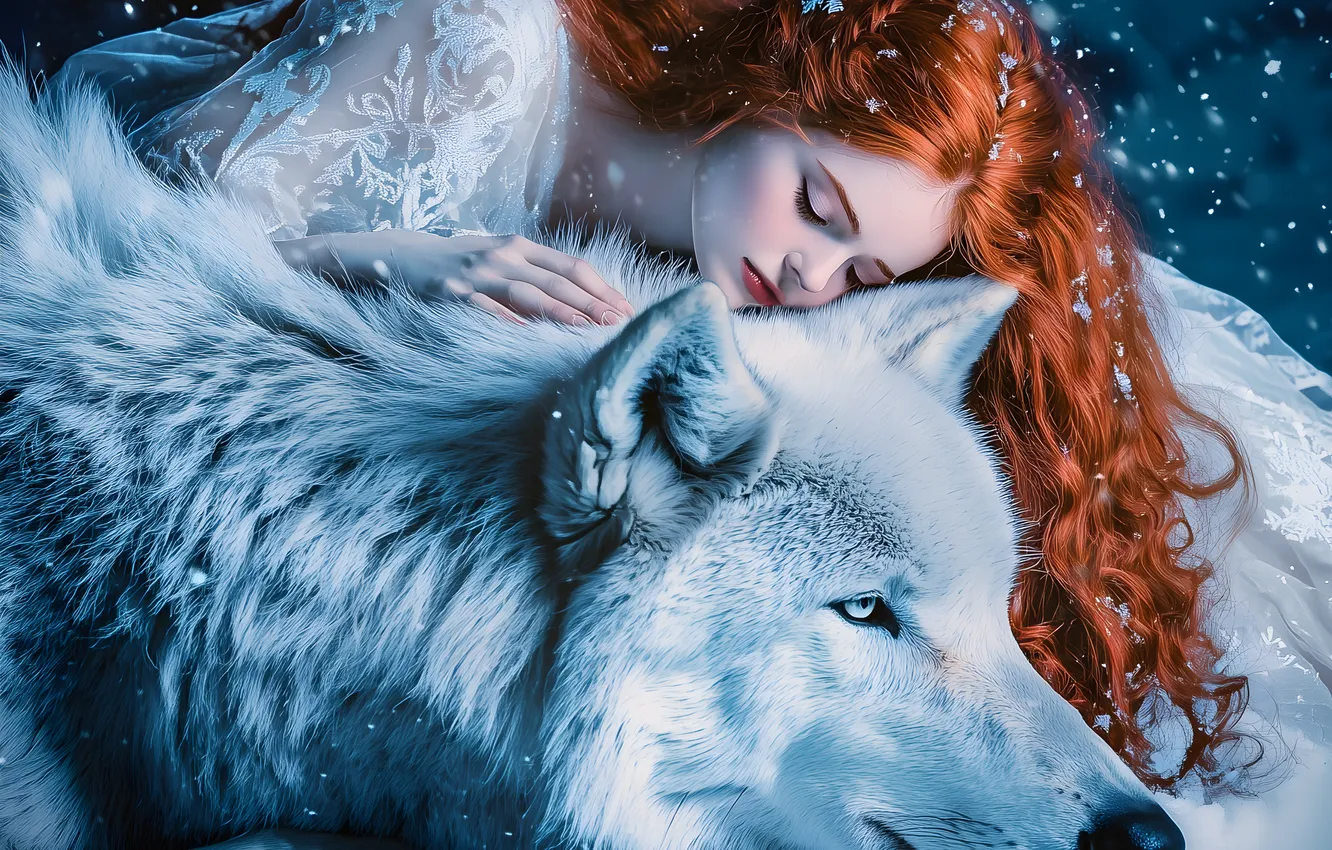 Photo wallpaper winter, white, girl, snow, each, wolf, lies, Princess