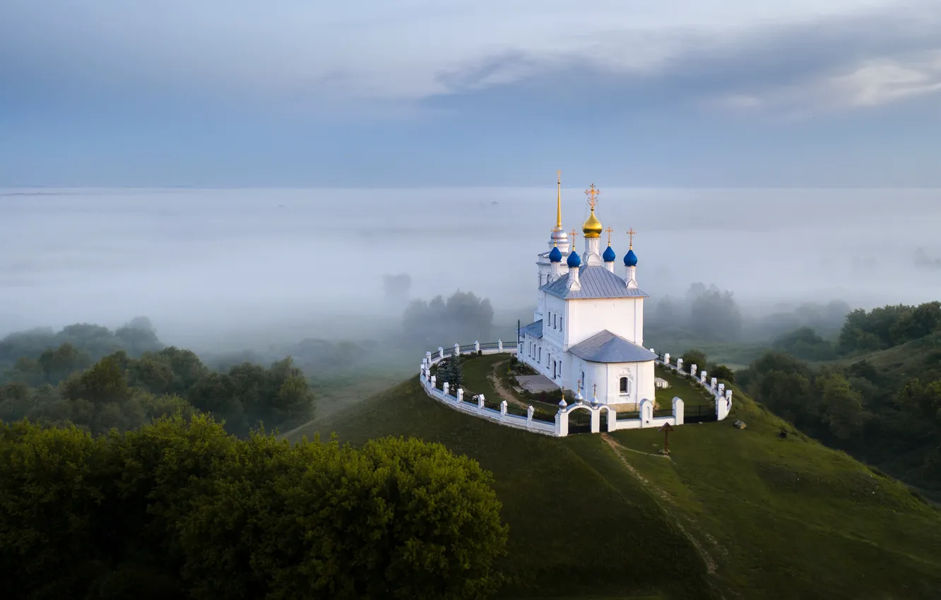 Photo wallpaper landscape, fog, hill, temple, the village, Ilya Garbuzov, Yepifan', Tula, Holy Dormition Women's Skete