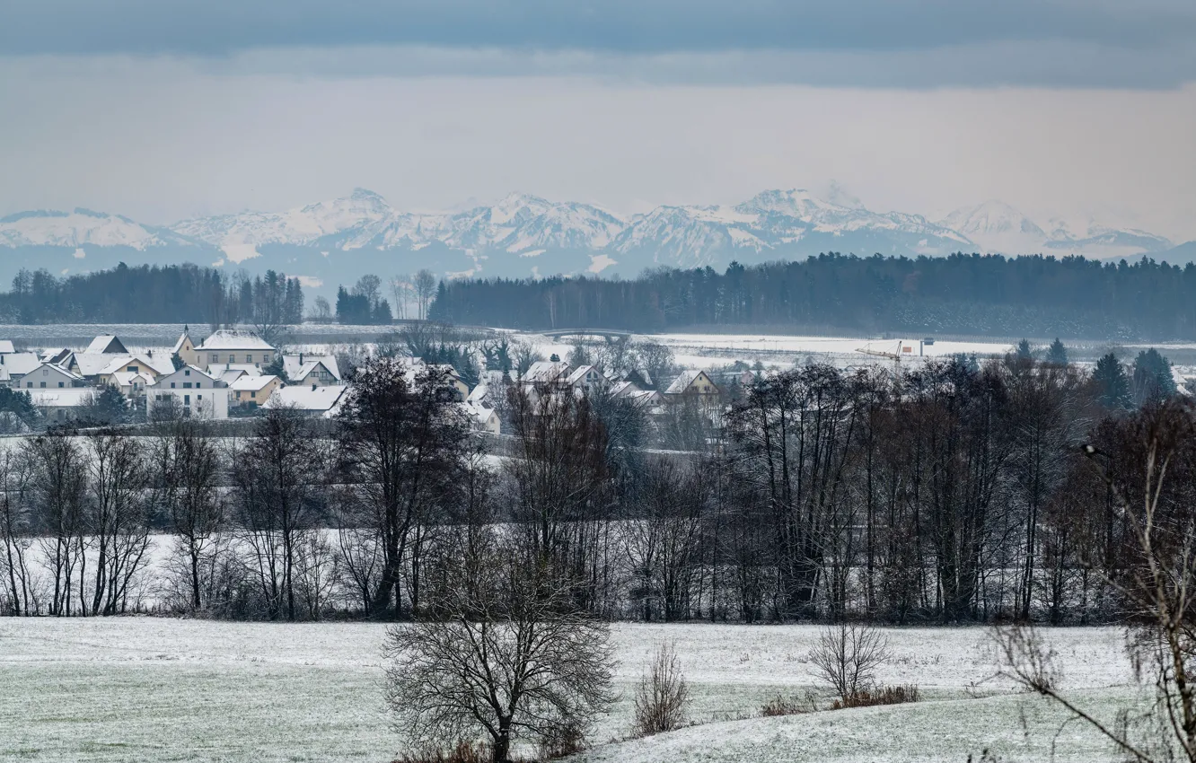 Photo wallpaper snow, mountains, winter, trees, field, forest, house, the village