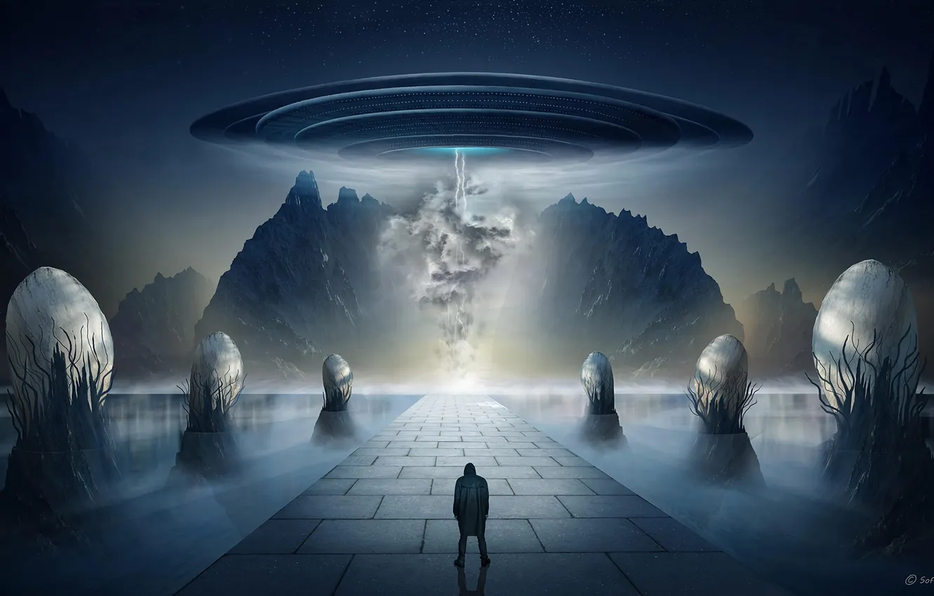 Photo wallpaper lights, aliens, sky, night, science fiction, mountains, rocks, stars