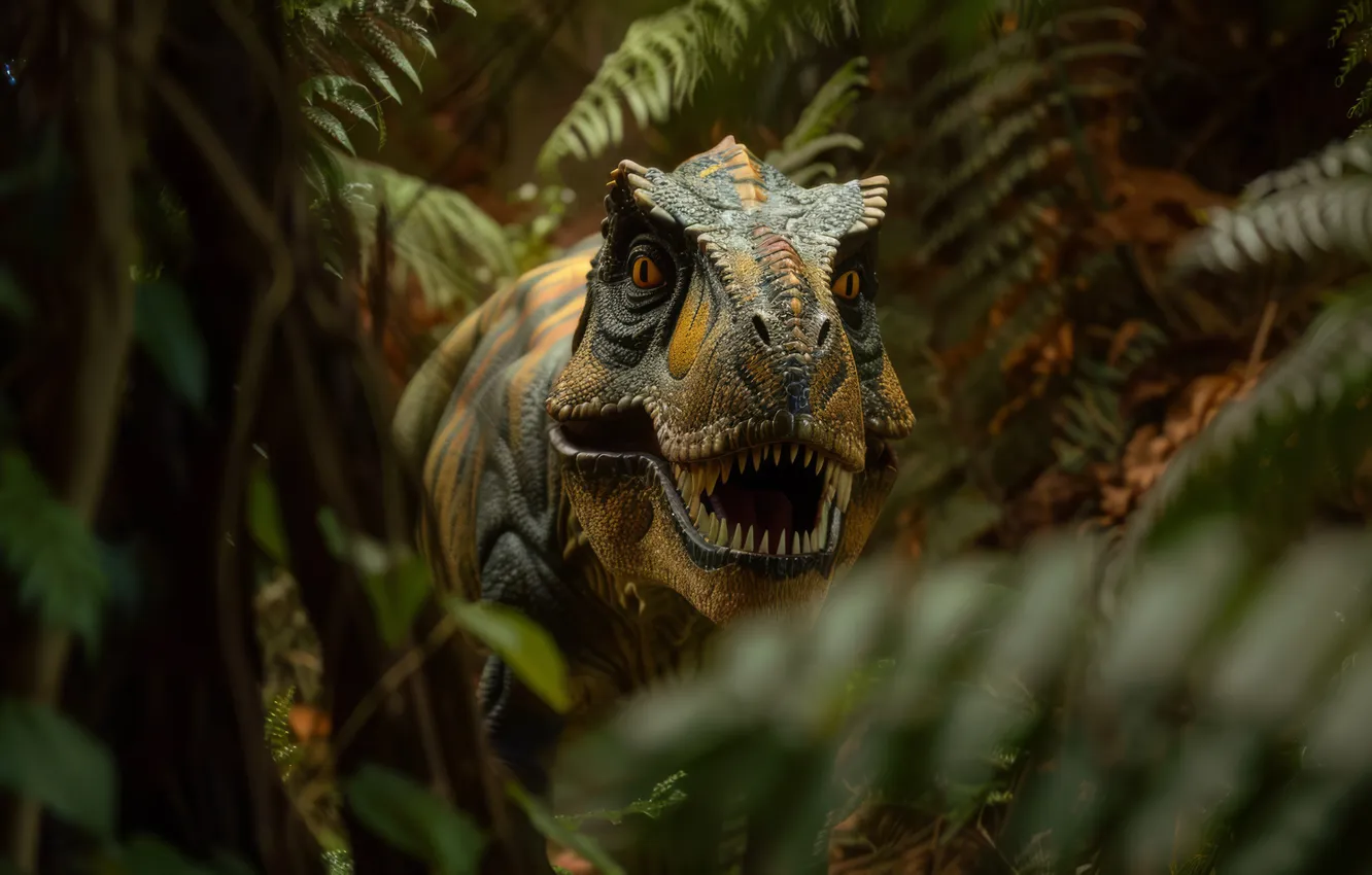 Photo wallpaper face, leaves, animal, dinosaur, predator, head, closeup, Tyrannosaurus