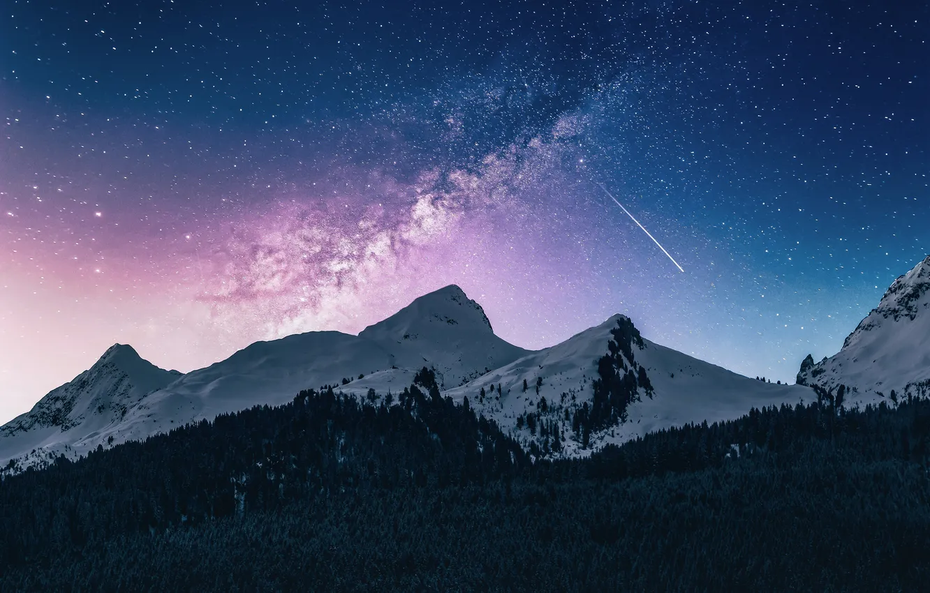 Photo wallpaper forest, snow, mountains, night, the milky way