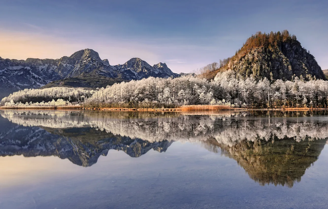 Photo wallpaper frost, forest, landscape, mountains, lake, reflection
