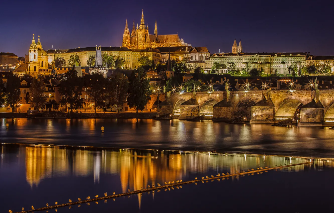 Photo wallpaper Prague, Czech Republic, night city, Prague, Charles bridge, Czech Republic, Charles Bridge, the Vltava river